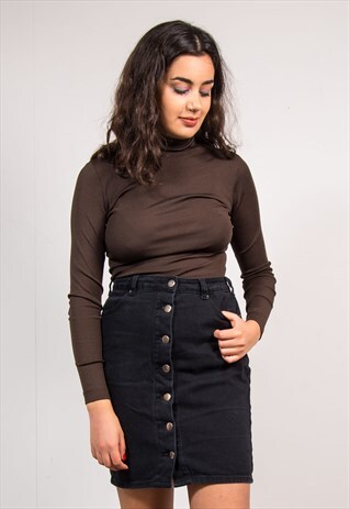 VINTAGE 70'S DARK BROWN STRETCH ROLL NECK TOP