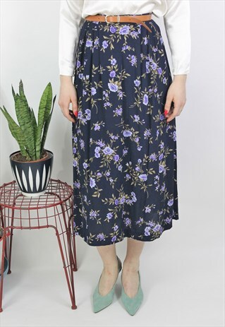 VINTAGE 1990S NAVY FLORAL MIDI SKIRT