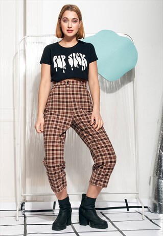 CROPPED TROUSERS - 90S VINTAGE PLAID GRUNGE PANTS