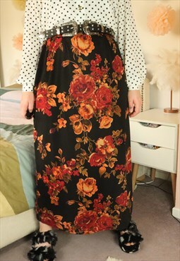 Vintage Y2K Black Floral Flower Pattern Festival Maxi Skirt