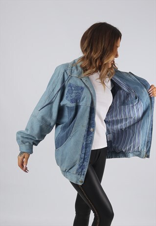 VINTAGE DENIM BOMBER JACKET OVERSIZED FLORAL STRIPED (RBT)