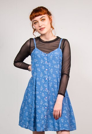VINTAGE 90'S PALE BLUE BUTTON DOWN FLORAL DRESS