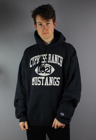 VINTAGE CHAMPION HOODIE IN NAVY WITH EMBROIDERED LOGO