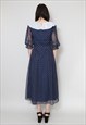 70'S VINTAGE LADIES DRESS BLUE SHEER WHITE POLKA DOT MAXI