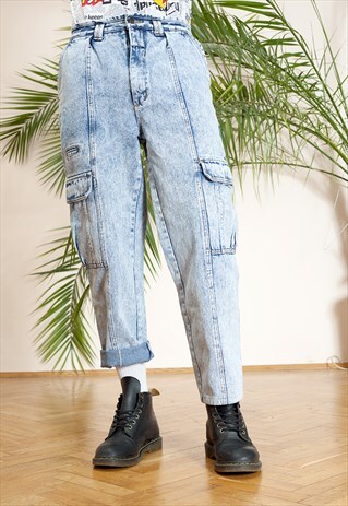 VINTAGE AID WASH DENIM CARGO PANTS