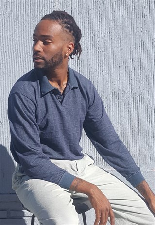 90S MINIMALIST PREPPY SKATER BLUE LONG SLEEVE POLO MEDIUM
