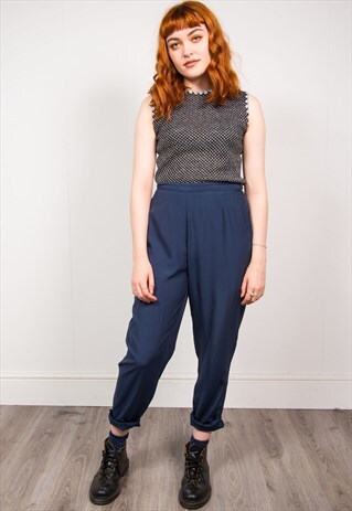 VINTAGE 90'S NAVY BLUE HIGH WAIST TAPERED LEG TROUSERS