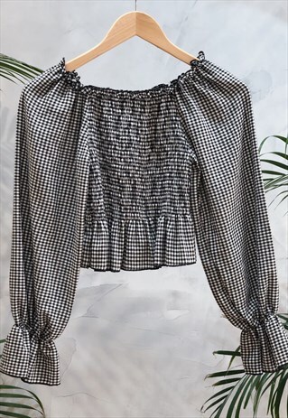 BLACK GINGHAM RUCHED BODICE TOP