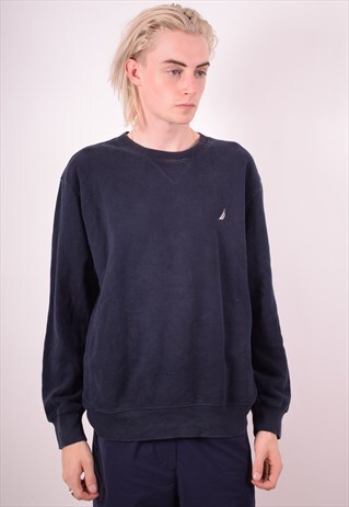 NAUTICA MENS VINTAGE HOODIE JUMPER LARGE NAVY BLUE 90S