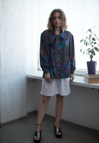 VINTAGE 80'S MULTI COLOUR ABSTRACT PRINT BOW BLOUSE