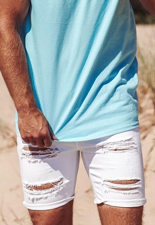 ESSENTIAL CUSTOM RIP SLIM DENIM JEAN SHORTS - WHITE