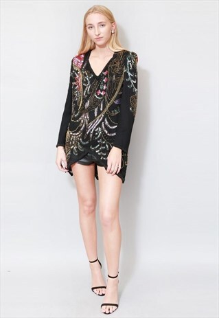 VINTAGE 1980'S BLACK SEQUIN EMBELLISHED BEADED TUNIC