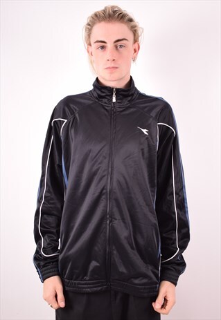 DIADORA MENS VINTAGE TRACKSUIT TOP JACKET XL BLACK 90S