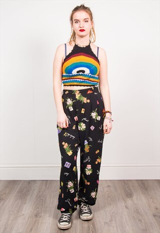 VINTAGE 90'S BLACK FLORAL PRINT HIGH WAIST LOOSE TROUSERS