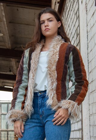 VINTAGE RETRO BROWN CORDUROY FAUX FUR JACKET
