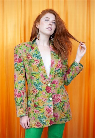 VINTAGE 90S BLAZER JACKET GREEN PINK BLUE FLORAL LONGLINE