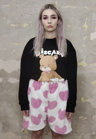 HEART FLEECE SHORTS HANDMADE CROPPED LOVE OVERALLS IN PINK