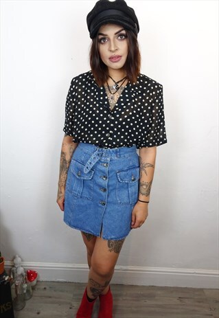 BLUE DENIM BUTTON UP ALINE 90'S BELTED MINI SKIRT