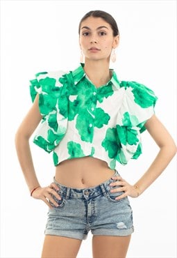 Green leaves' print double layer sleeves design crop shirt