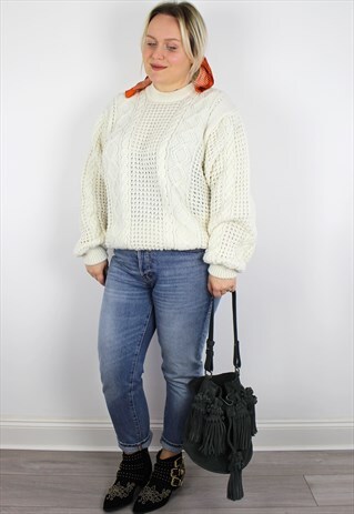 VINTAGE 1980'S WHITE KNIT OVERSIZED JUMPER 12 14