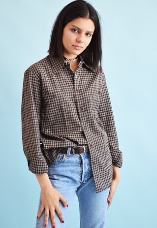 VINTAGE 70'S RETRO CHECKED PRINT SHIRT TOP