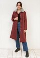 VINTAGE 70'S WOMEN'S L COAT JACKET BURGUNDY FAUX FUR COLLAR 