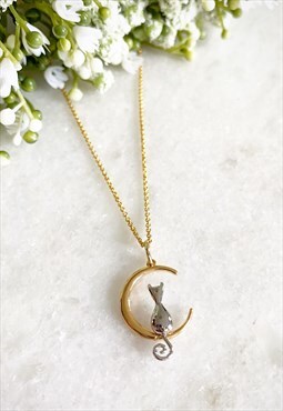 Suki Two Tone Cat and Moon Necklace