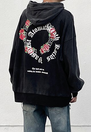 BLACK WASHED PUNK GRAPHIC COTTON OVERSIZED HOODIES