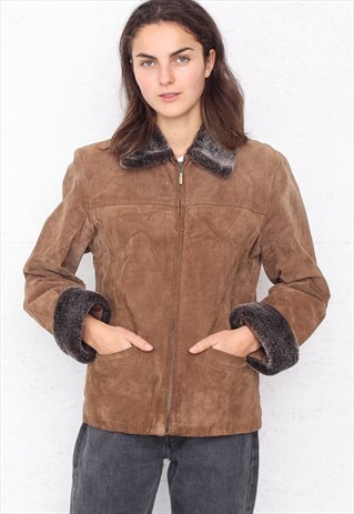 VINTAGE BROWN SUEDE SHEARLING FAUX FUR NECK JACKET