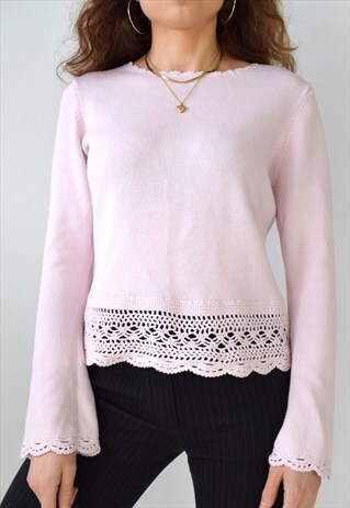 BABY PINK CROCHET SCALLOPED HEM FLUTE SLEEVE KNIT JUMPER
