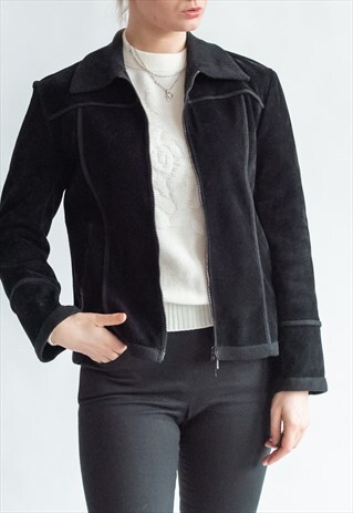 VINTAGE 90S MINIMAL BLACK FAUX SUEDE JACKET