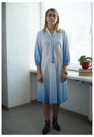 VINTAGE 80'S WHITE/BLUE PATTERNED MIDI DRESS