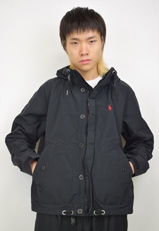 VINTAGE 90S POLO RALPH LAUREN BLACK HOOD JACKET
