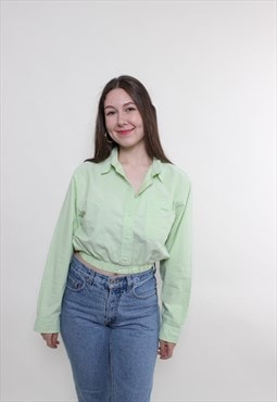 Vintage 90s cropped blouse, green button up blouse cotton 