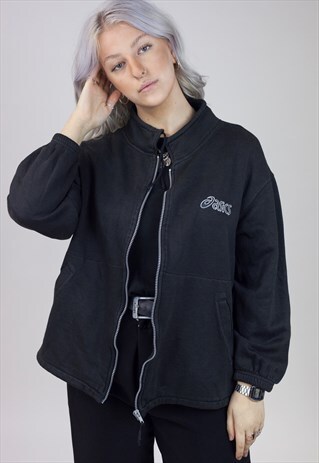 VINTAGE ASICS BLACK ZIP UP SWEATSHIRT