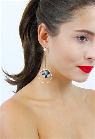BLACK GOLD TORTOISE SHELL ACRYLLIC DROP DANGLE HOOP EARRINGS