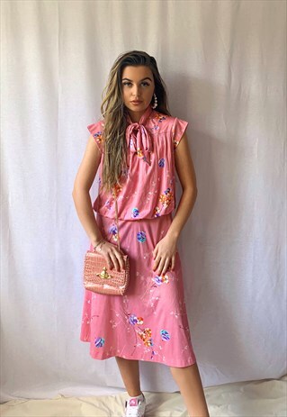 VINTAGE PINK PUSSYBOW FLORAL 80S 90S HIGH TIE NECK DRESS