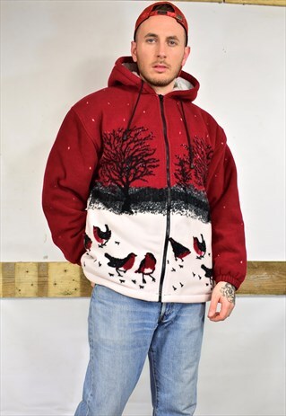VINTAGE RED BIRD PRINT FLEECE JACKET UNISEX