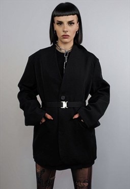 Collarless blazer belted rocker jacket smart utility coat