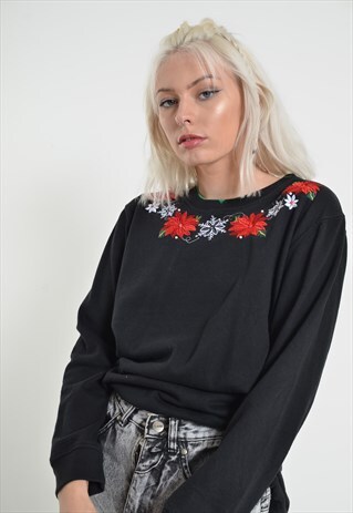 VINTAGE FLOWER EMBROIDERED SWEATSHIRT JUMPER BLACK
