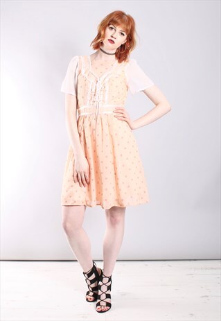 VINTAGE 70S GUNNE SAX BOHO LACE TRIM TIE BACK DRESS