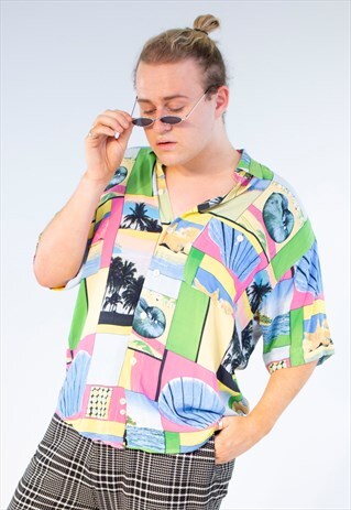 VINTAGE 80S SHIRT PINK BLUE YELLOW GREEN CHECKERED SHELL