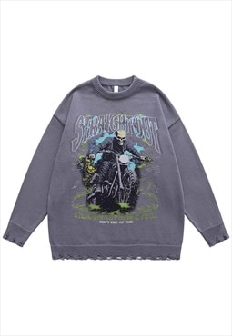 Biker sweater motorcycle jumper ripped knitted skeleton top 