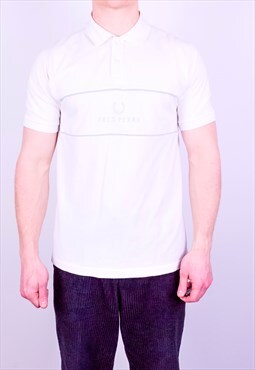 Vintage Fred Perry Spell Out Polo Shirt in White Medium