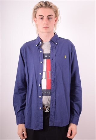 POLO RALPH LAUREN MENS VINTAGE SHIRT MEDIUM NAVY BLUE 90S