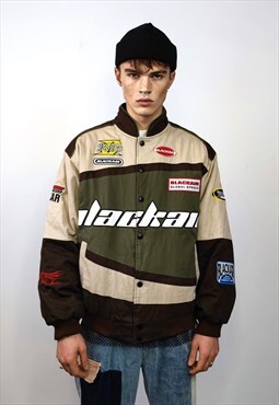 Racing denim jacket patch padded motorcycle bomber in brown