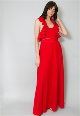 70's Vintage Ladies Red Halter Neck Ruffle Maxi Dress