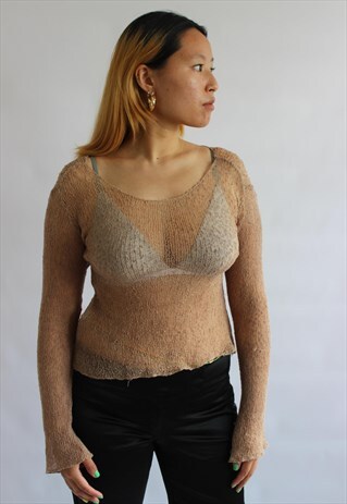 BROWN MESH KNIT LONG FLARE TOP