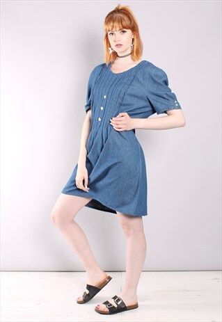 VINTAGE 80S DENIM PUFF SLEEVE TIE BACK DRESS