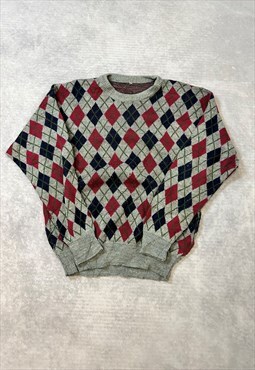 Vintage Abstract Knitted Jumper Argyle Patterned Sweater